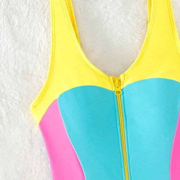 SHEIN One Piece Swimsuit Juniors Medium Blue Pink Yellow Colorblock Zip Front - Picture 2 of 6